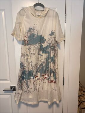 OTT Cotton Mulberry Silk Santorini Print Hooded Dress EU 42 L